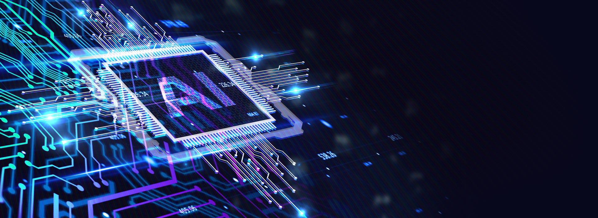 Abstract representation of AI and data on a dark blue background.